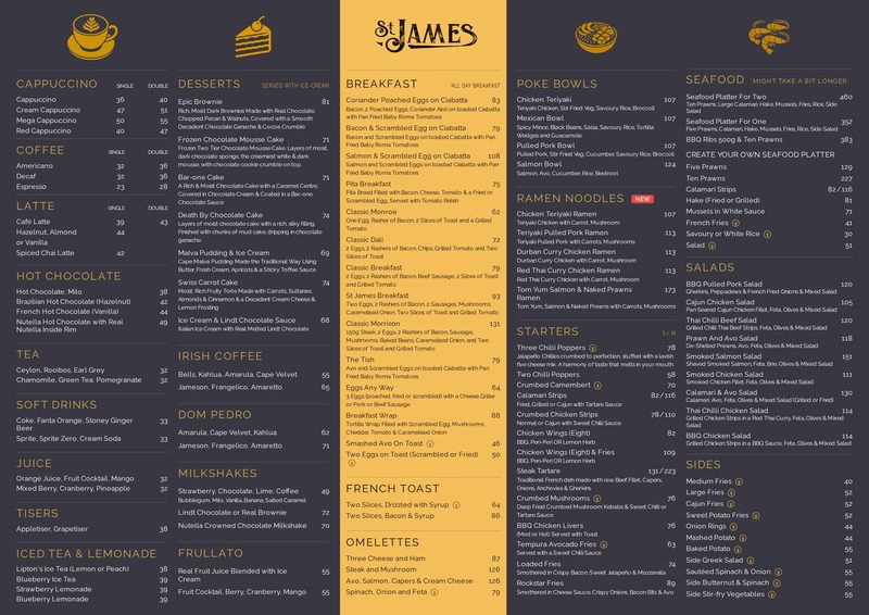 Food Menu - Breakfast, Starters, Seafood, Salads